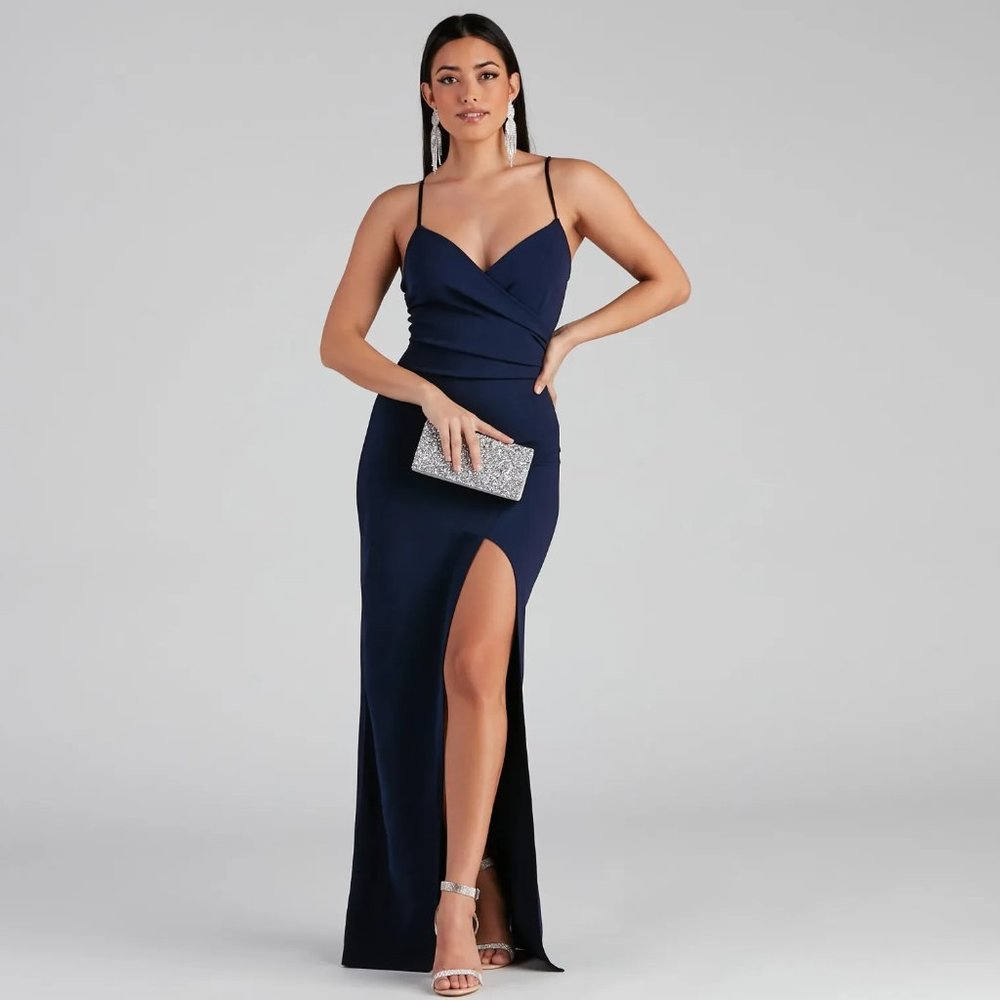 Windsor Sasha Formal High Slit Wrap Dress - Navy NWT
